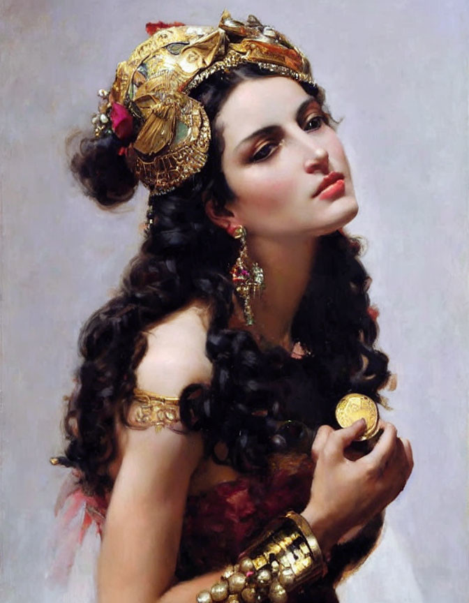 Portrait of a woman with dark curly hair and golden headdress holding a coin