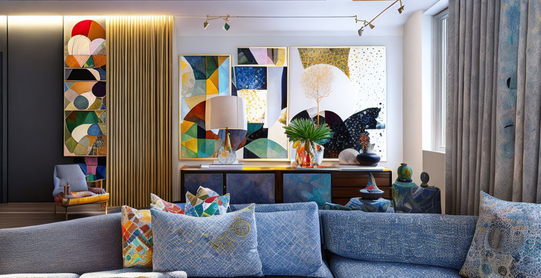 Colorful Abstract Art in Modern Living Room with Blue Sofas & Textured Wall