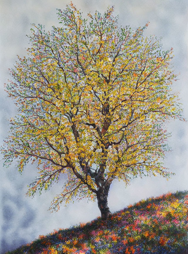 Colorful painting of solitary tree on hill with wildflowers against textured background