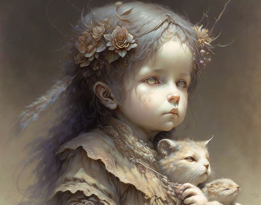 Portrait of a young girl with melancholic eyes, flowers, cat, and mice