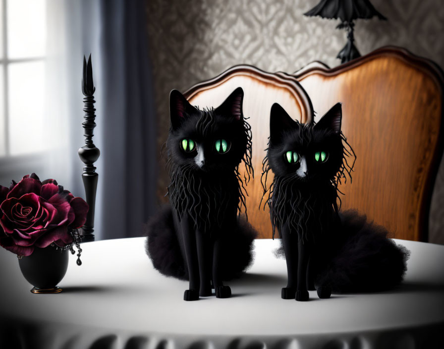 Two black cartoon cats with green eyes on table with red rose and candlestick.