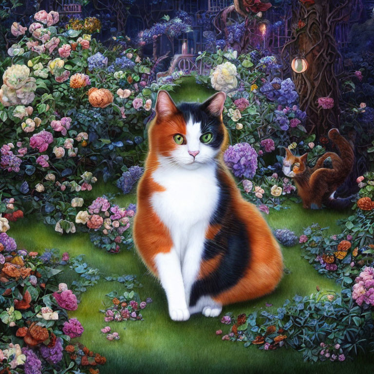 Calico Cat Surrounded by Colorful Garden and Glowing Lights