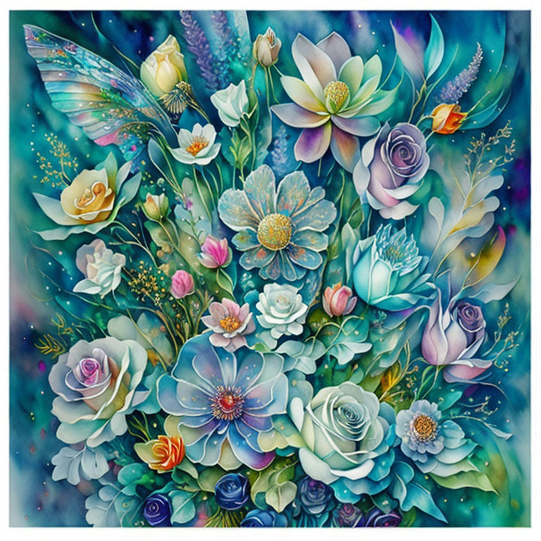 Colorful Flower and Plant Painting with Magical Essence and Butterfly