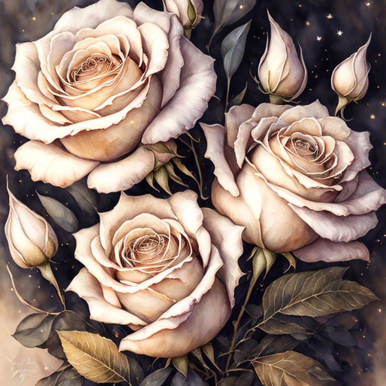 Detailed illustration of three blooming roses in pink and cream with sparkling accents on dark background