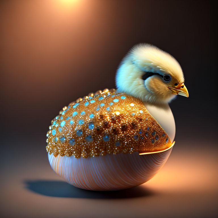 Digital Chick with Golden Sparkling Eggshell on Soft Background