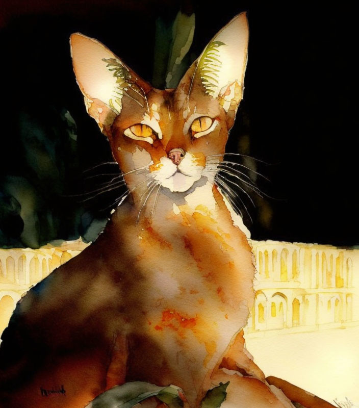 Brown and Orange Cat Watercolor Painting with Green Eyes and Colosseum Background