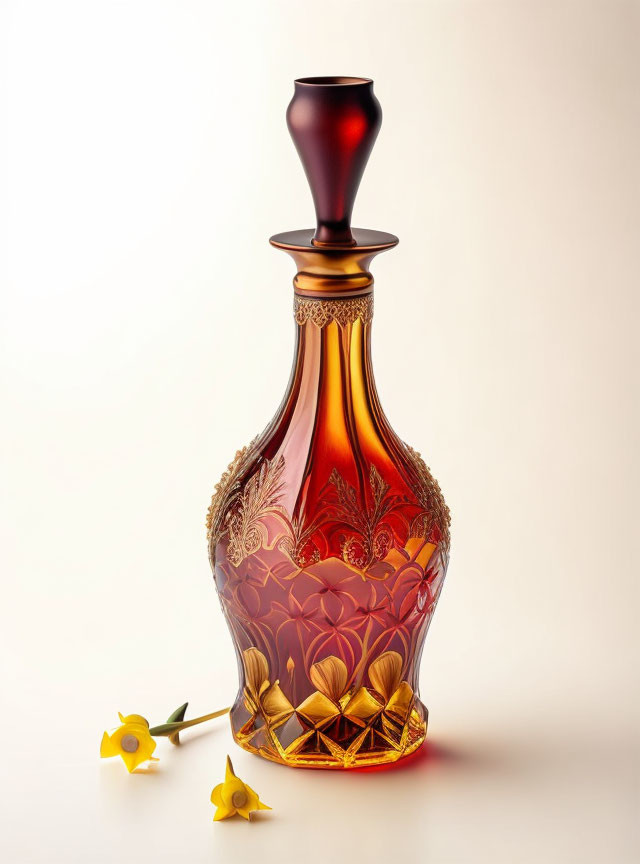 Red and Gold Glass Decanter with Daffodils on Cream Background