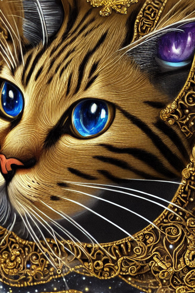 Detailed whimsical cat illustration with blue eyes and gold fur patterns