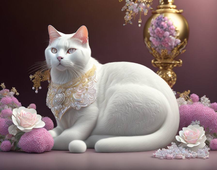 White Cat with Red Eyes in Gold Collar Surrounded by Pink Flowers and Vase