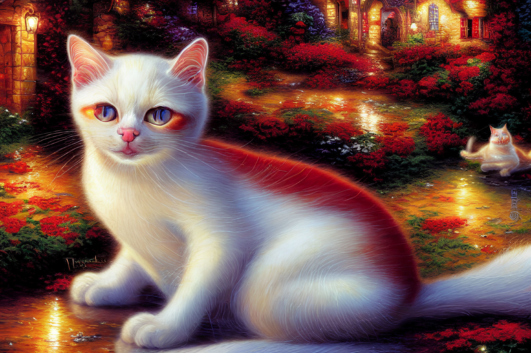 White Cat with Blue Eyes in Flower-Filled Garden