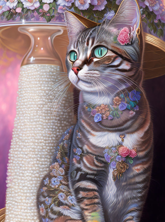 Digitally-illustrated cat with green eyes and floral fur next to vase.