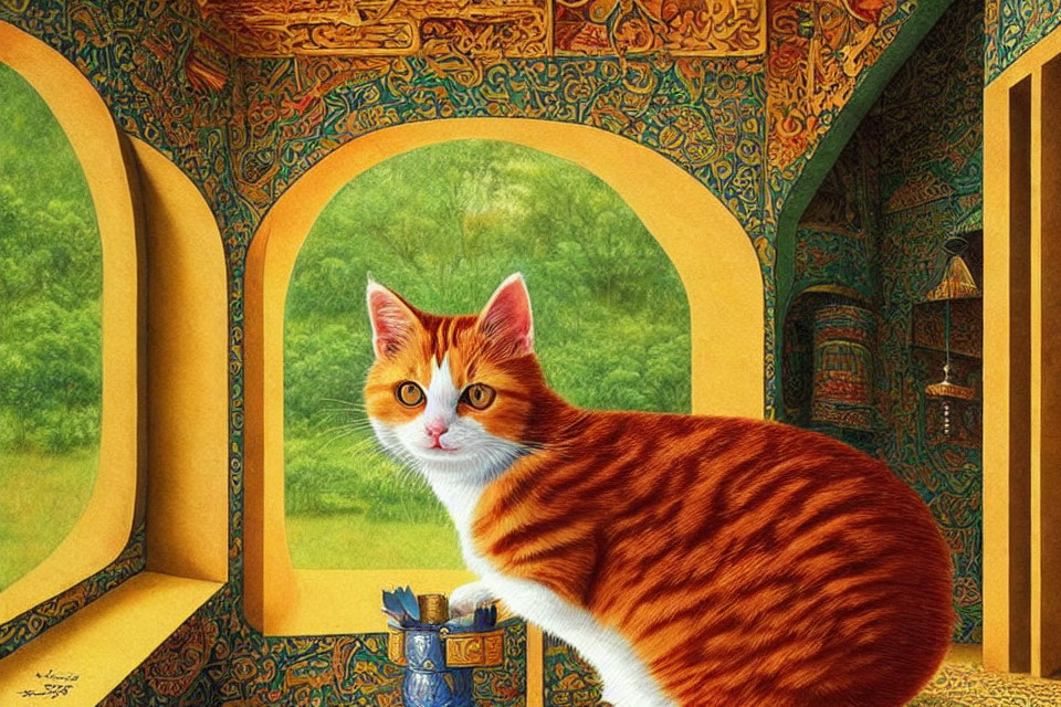 Orange and White Cat in Colorful Room with Arch Windows