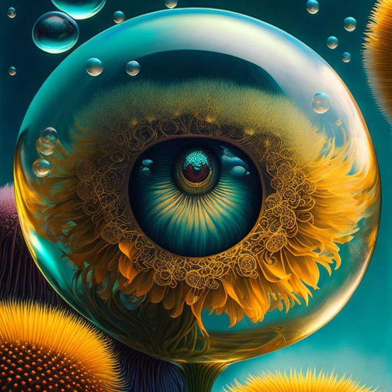 Colorful Surreal Eye Illustration with Floral Patterns in Blue-Green Palette