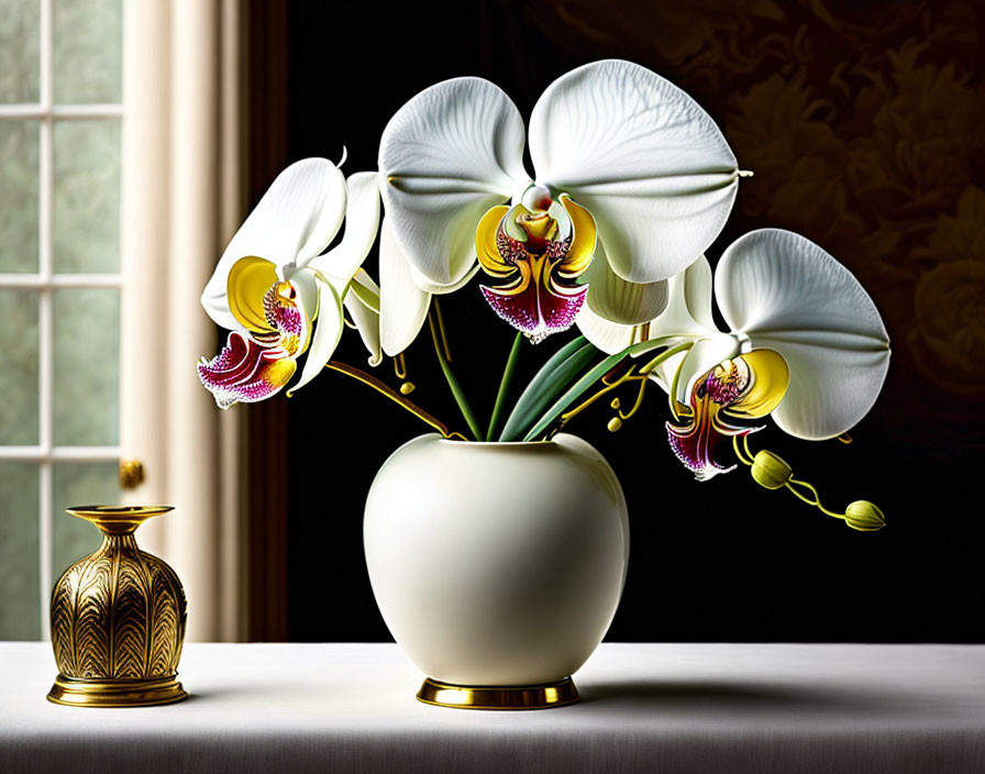 White Orchid with Yellow and Purple Accents in Round Vase Next to Gold Jar by Window