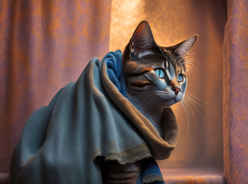 Tabby Cat Wrapped in Blue Cloth Against Orange Curtain Background