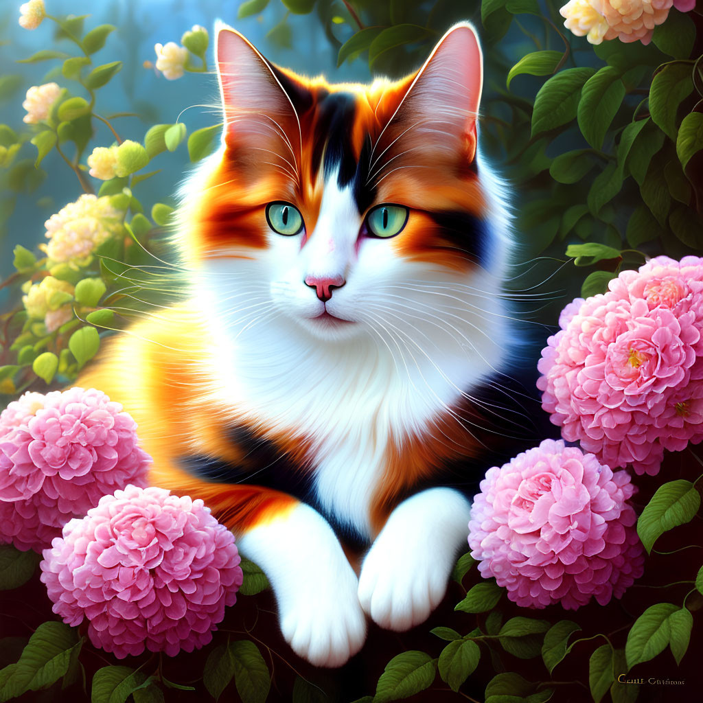 Colorful Cat Digital Painting Among Pink Flowers and Greenery