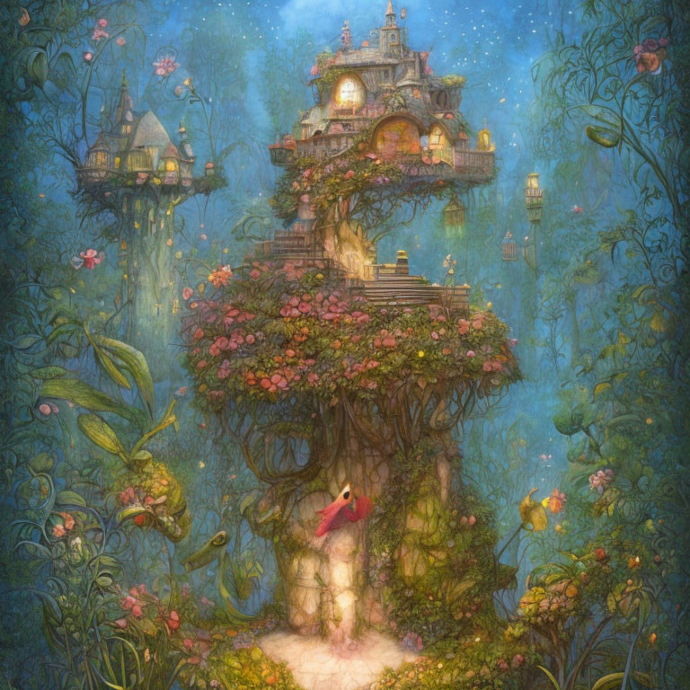 Glowing Enchanted Treehouse in Forest with Birds and Flowers