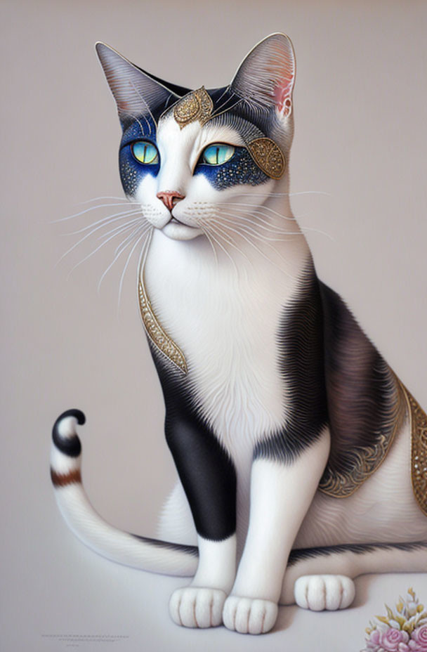 Stylized digital artwork: Intricate gold and blue patterns on cat's face