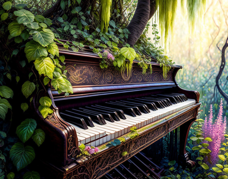 Ornate piano surrounded by lush greenery in mystical forest