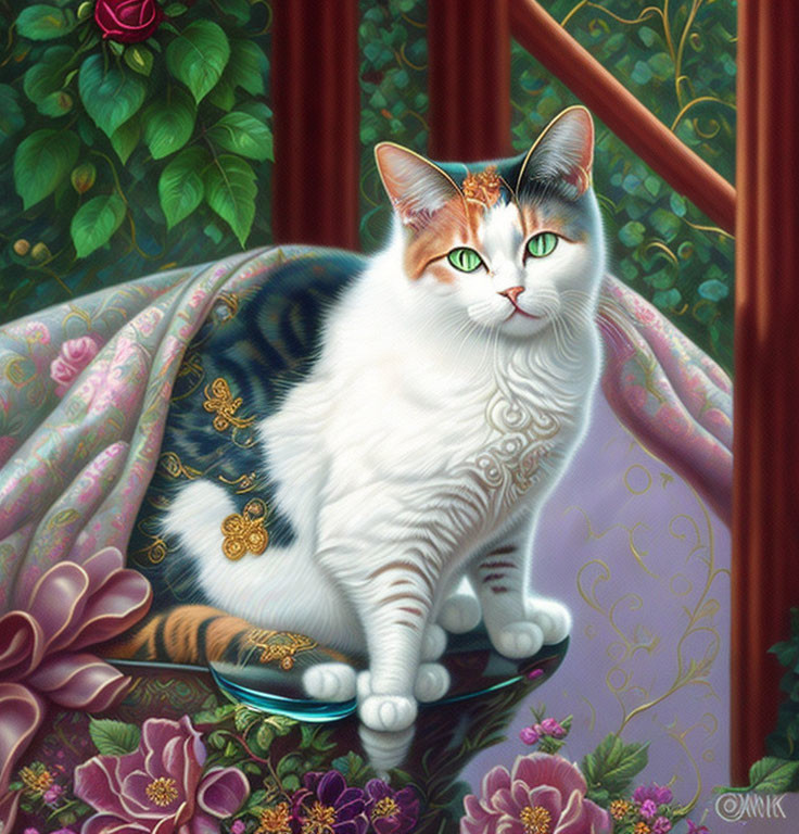 White Cat with Orange Patches in Gold and Blue Fabrics Among Rose Garden and Purple Drapery