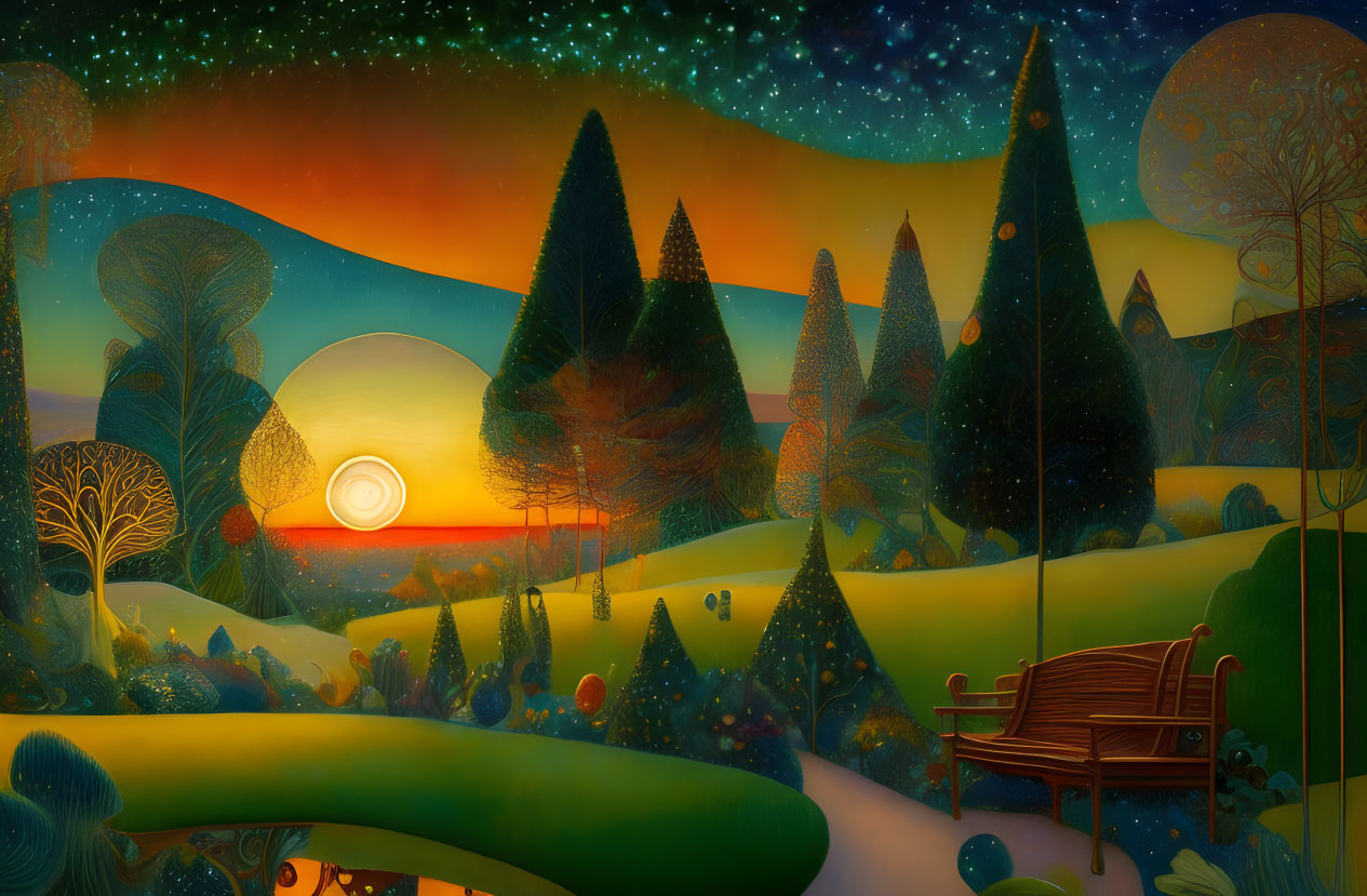 Vivid landscape at dusk: stylized trees, hills, and a solitary bench