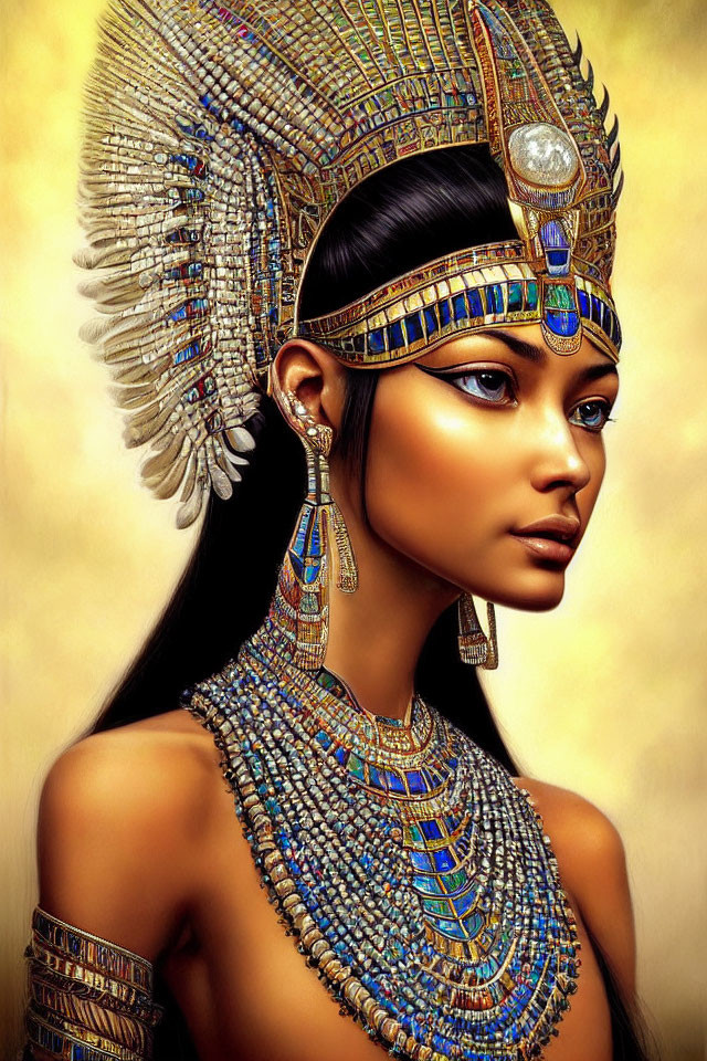 Digital portrait of a woman in ancient Egyptian style with headdress, collar necklace, and makeup