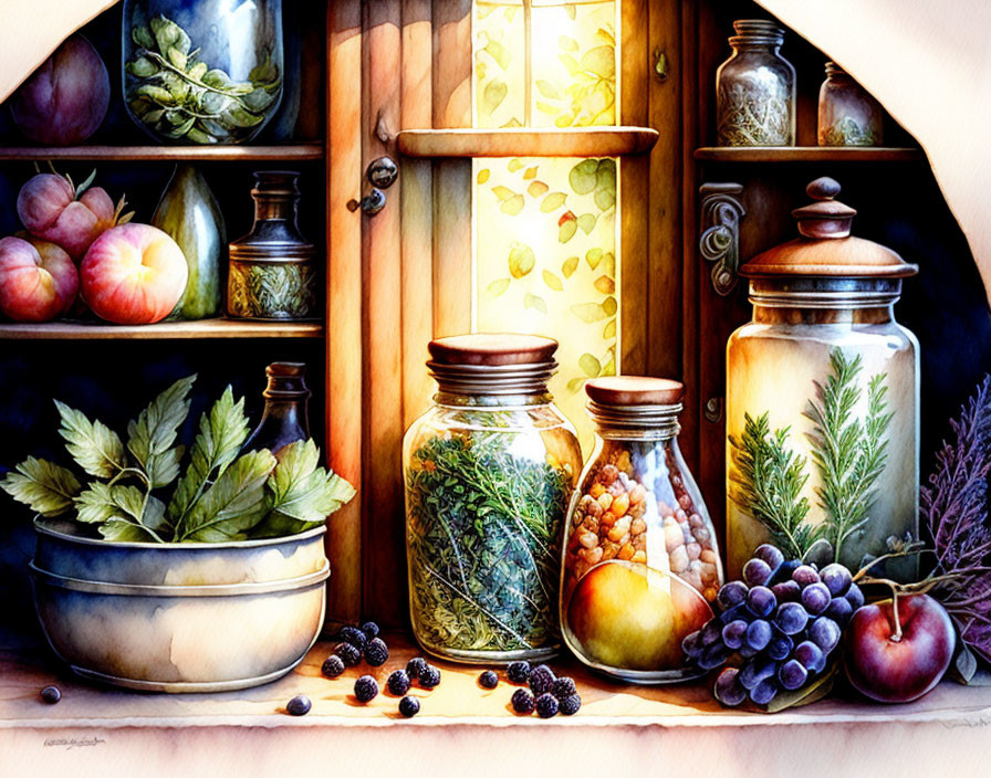 Colorful Watercolor Painting of Cozy Kitchen Shelf