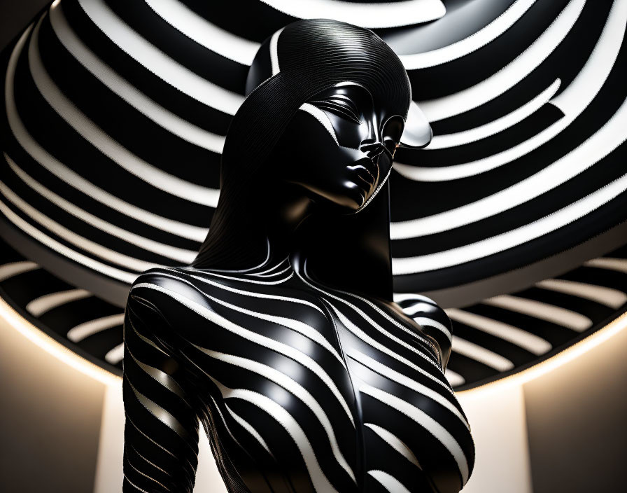 Monochrome statue with fluid lines on spiraling backdrop