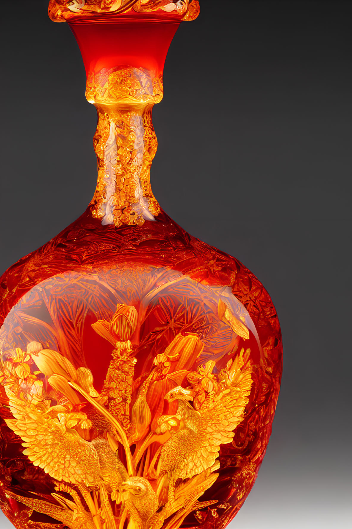 Amber Glass Decanter with Floral and Avian Designs on Gradient Background