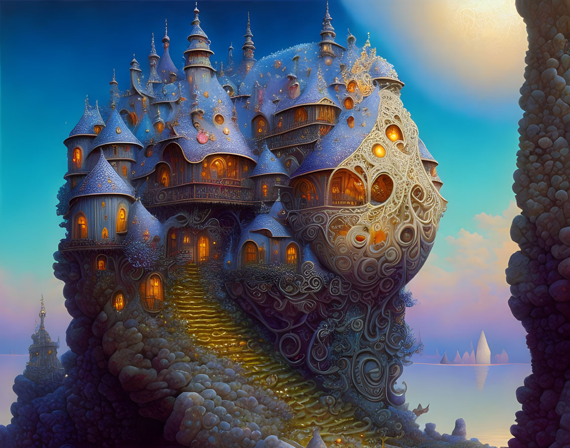 Fantasy castle with ornate towers on rocky peak at dusk