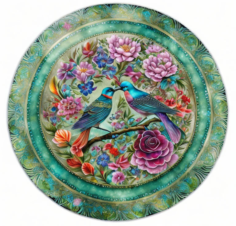 Blue Birds and Colorful Flowers on Decorative Plate