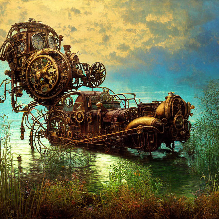 Intricate steampunk submarine in tranquil lake