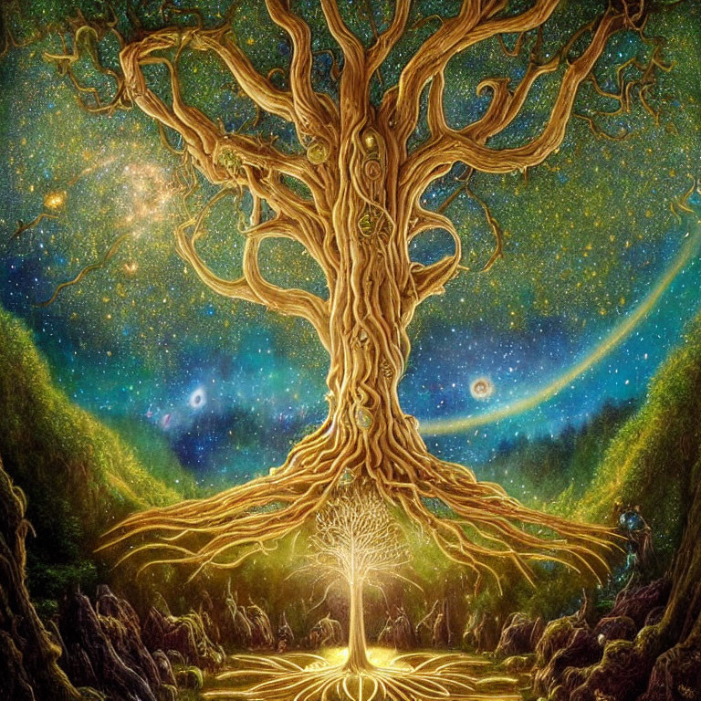 Detailed fantasy landscape with glowing tree roots and cosmic elements