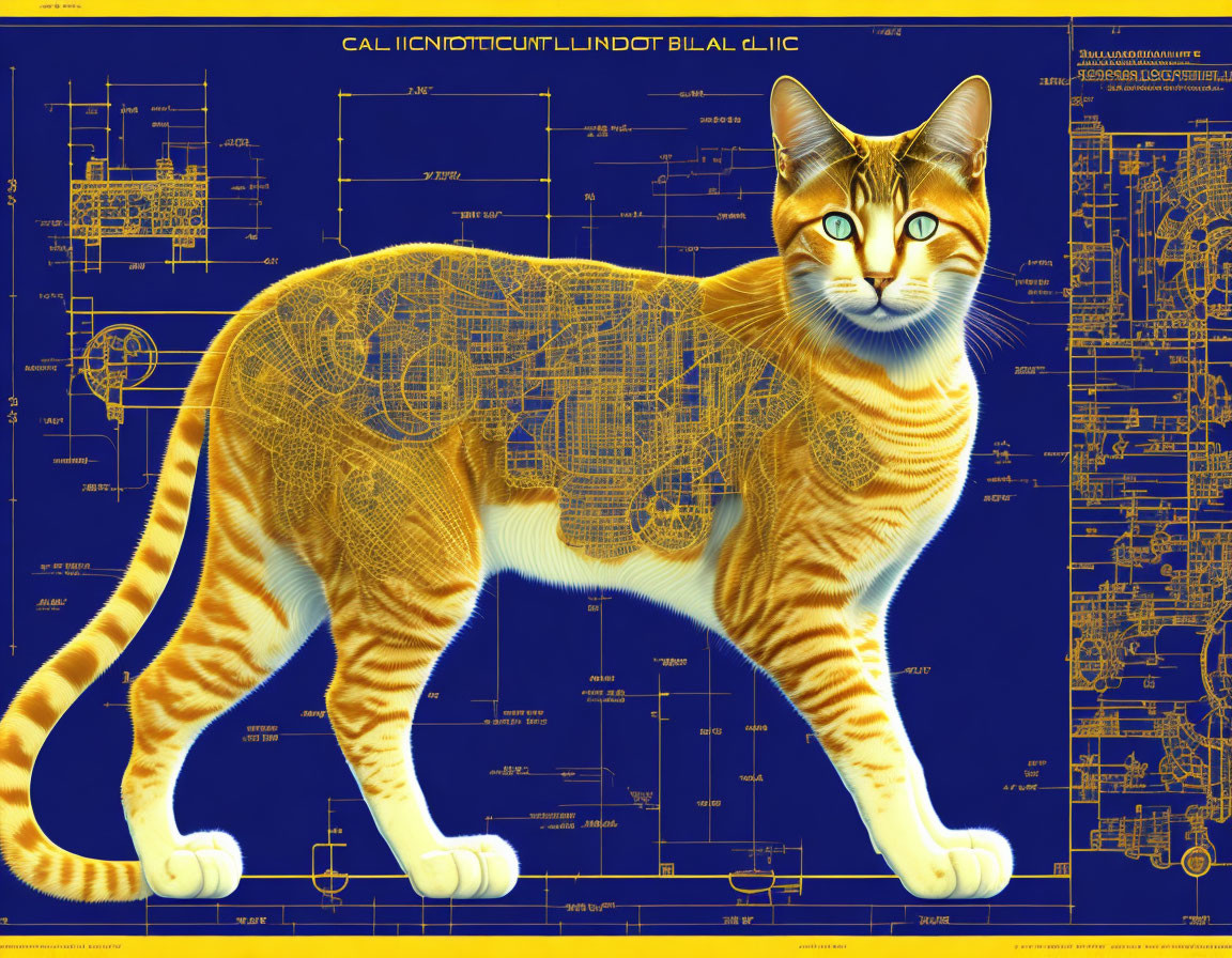 Cat illustration merged with mechanical blueprint designs on blue background