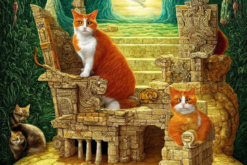 Multiple Cats in Mystical Jungle with Ancient Ruins and Ginger Cat on Stone Throne