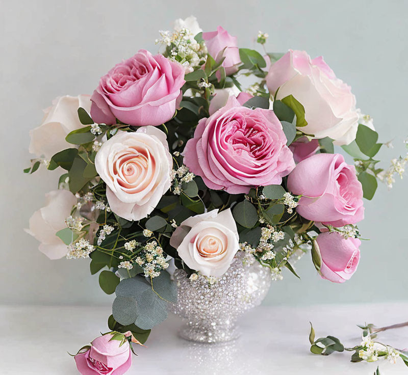 Pink and White Rose Bouquet with Baby's Breath and Eucalyptus in Silver Vase