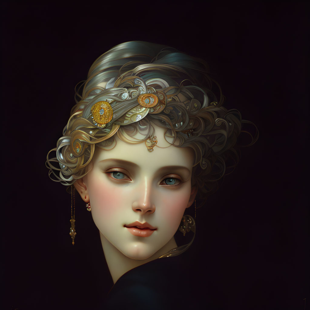 Portrait of woman with voluminous silver hair and ornate golden accessories.