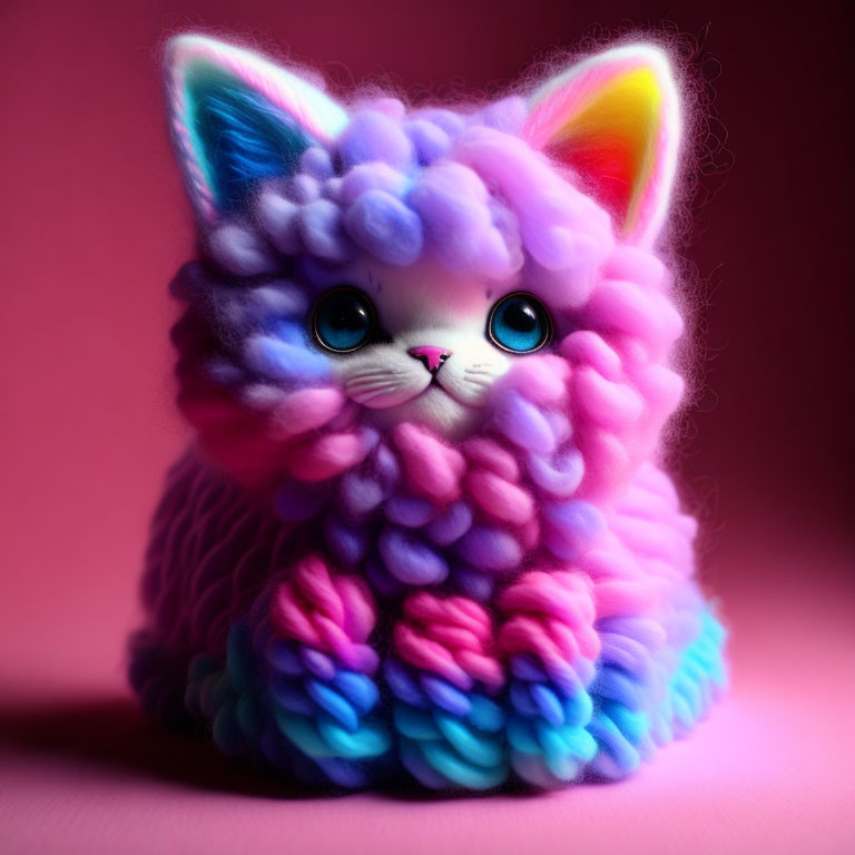 Colorful Plush Toy Cat with Blue Eyes on Pink Background