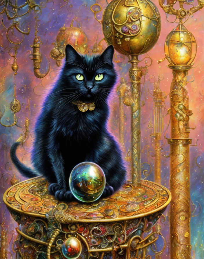 Majestic black cat with yellow eyes on golden table with crystal ball