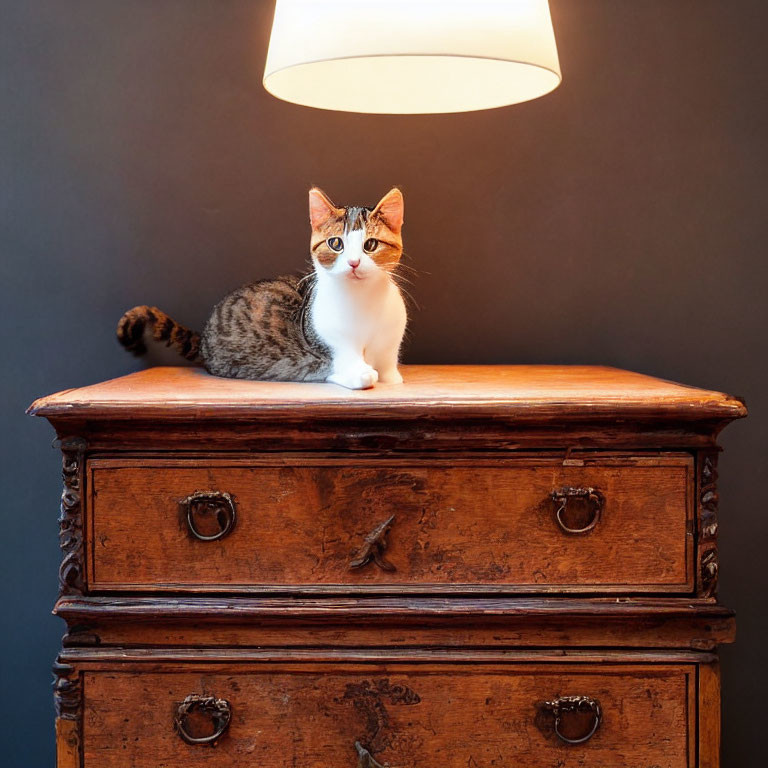 Brown and white cat on antique dresser under lamp against dark wall