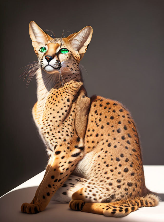 Stylized serval with large green eyes on grey background