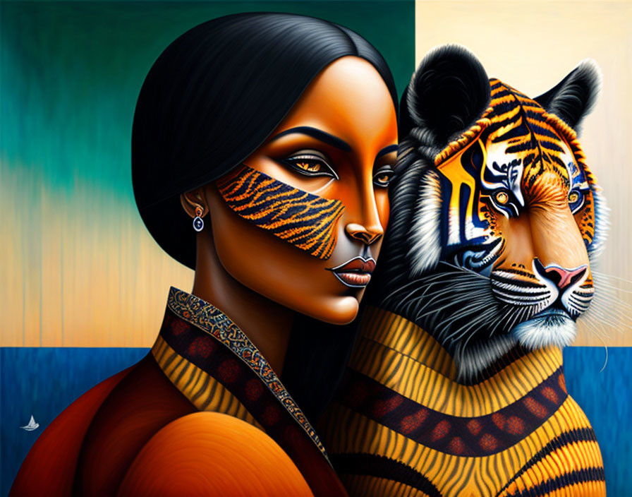 Detailed illustration of woman with tiger-stripe face paint next to realistic tiger on vibrant abstract backdrop