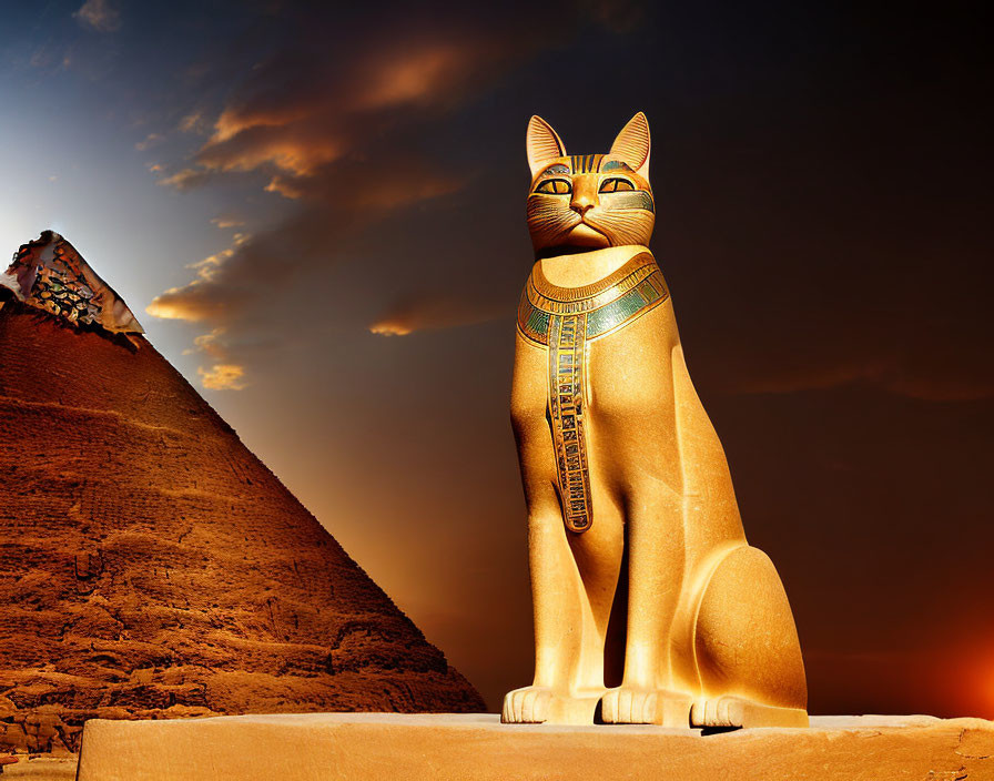 Ancient Egyptian cat statue with hieroglyphs near pyramid under dramatic sky