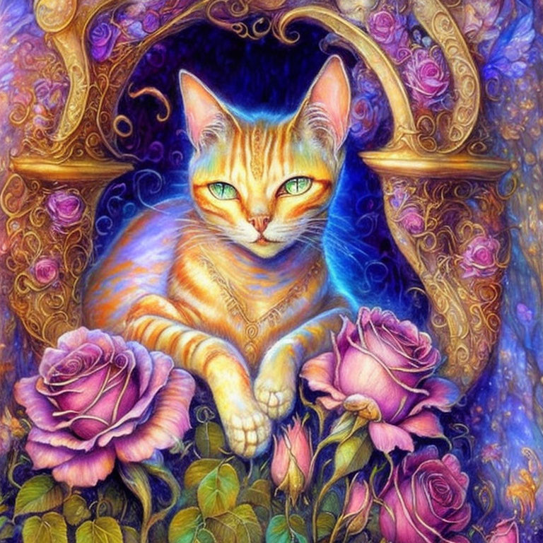 Colorful Artwork of Orange Tabby Cat in Ornate Archway with Roses and Patterns