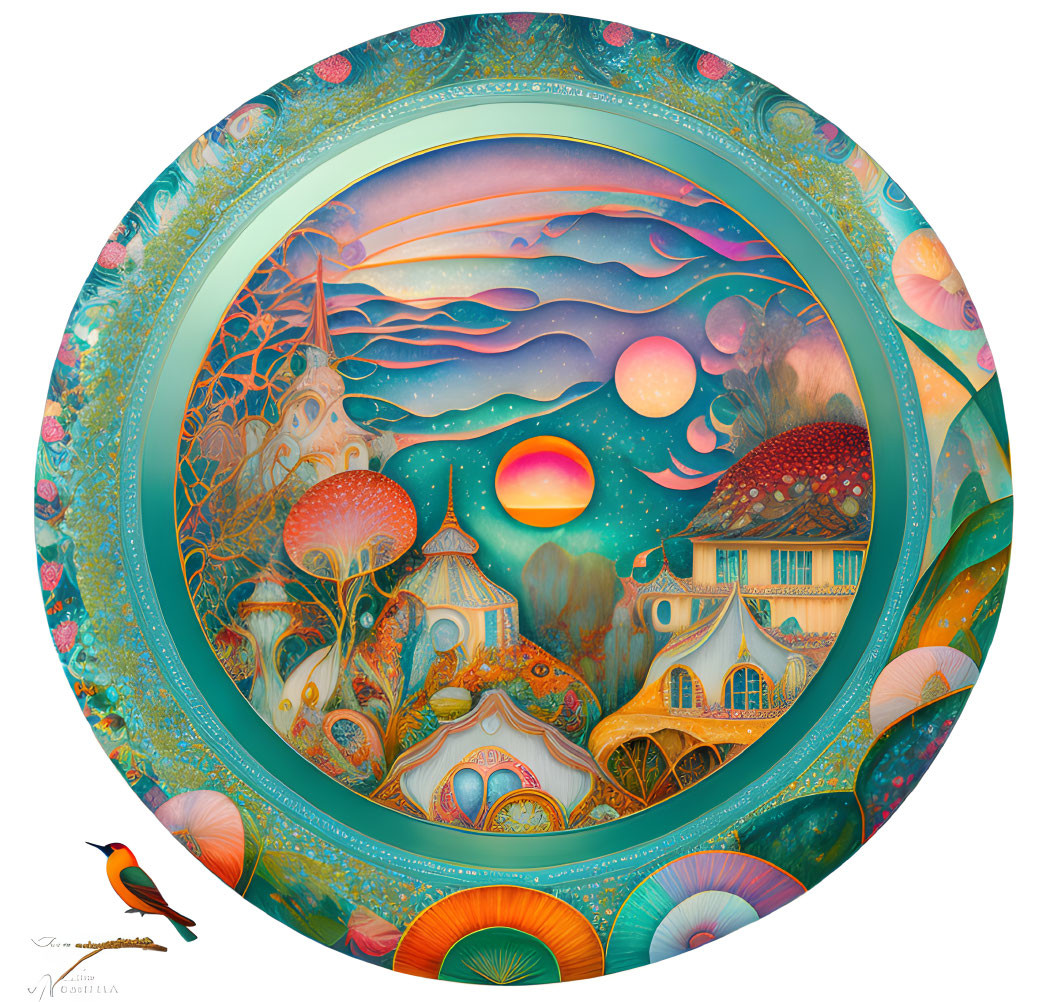 Circular whimsical artwork of vibrant fantasy landscape with mushroom houses and ornate floral patterns