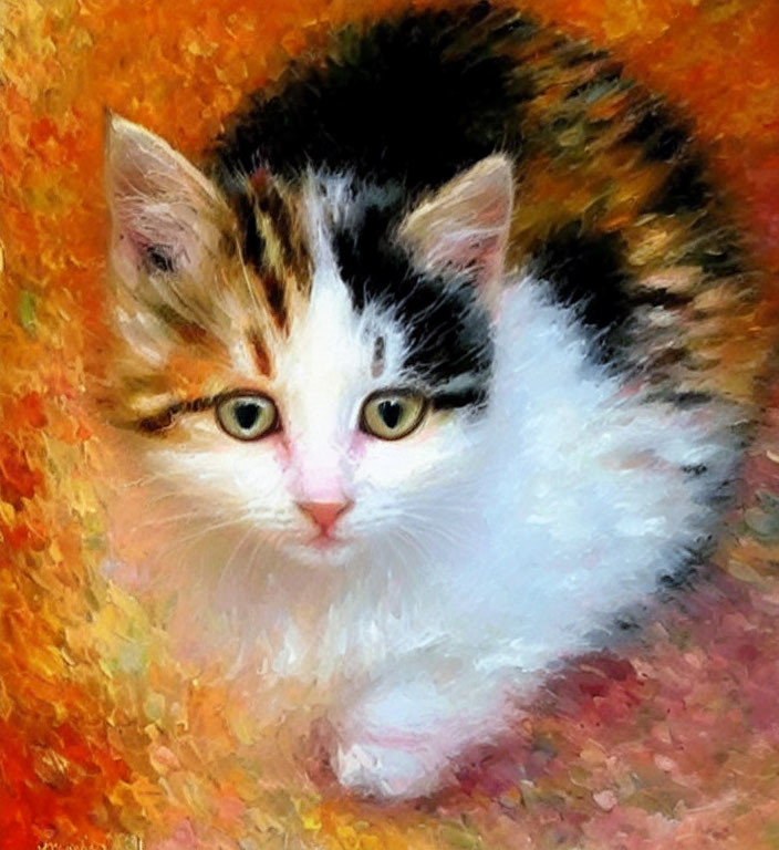 Black, White, and Brown Fur Kitten in Painted Style with Orange Background