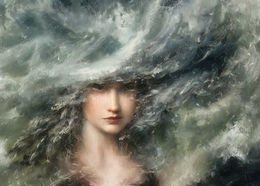 Portrait of a Woman with Dynamic Brushstrokes and Wave-Like Texture