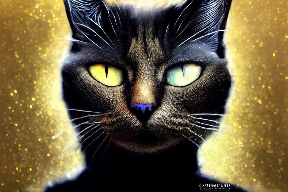 Close-Up Digital Artwork: Black Cat with Yellow Eyes and Golden Glow