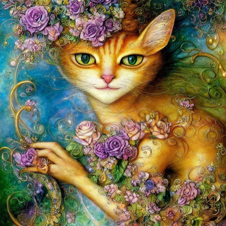 Orange Tabby Cat with Green Eyes Wearing Crown of Purple Roses on Swirling Blue Background