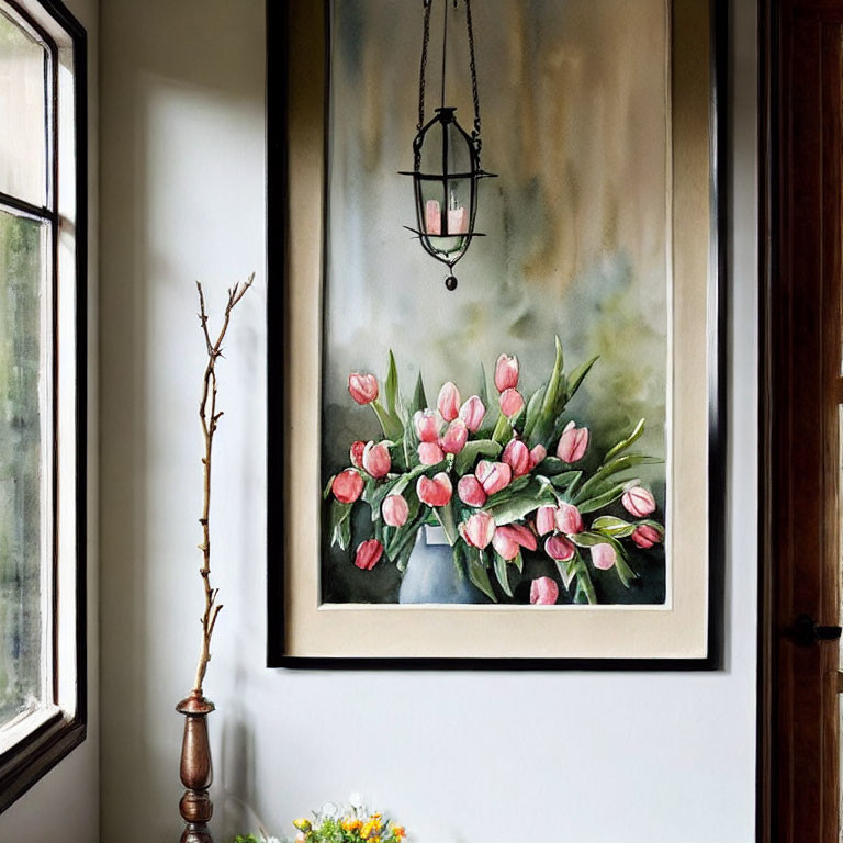 Pink tulips painting with lantern and vase on wall near window